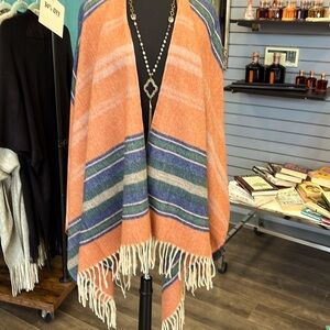 NWT Burnt Orange and Blue Fringed Shrug